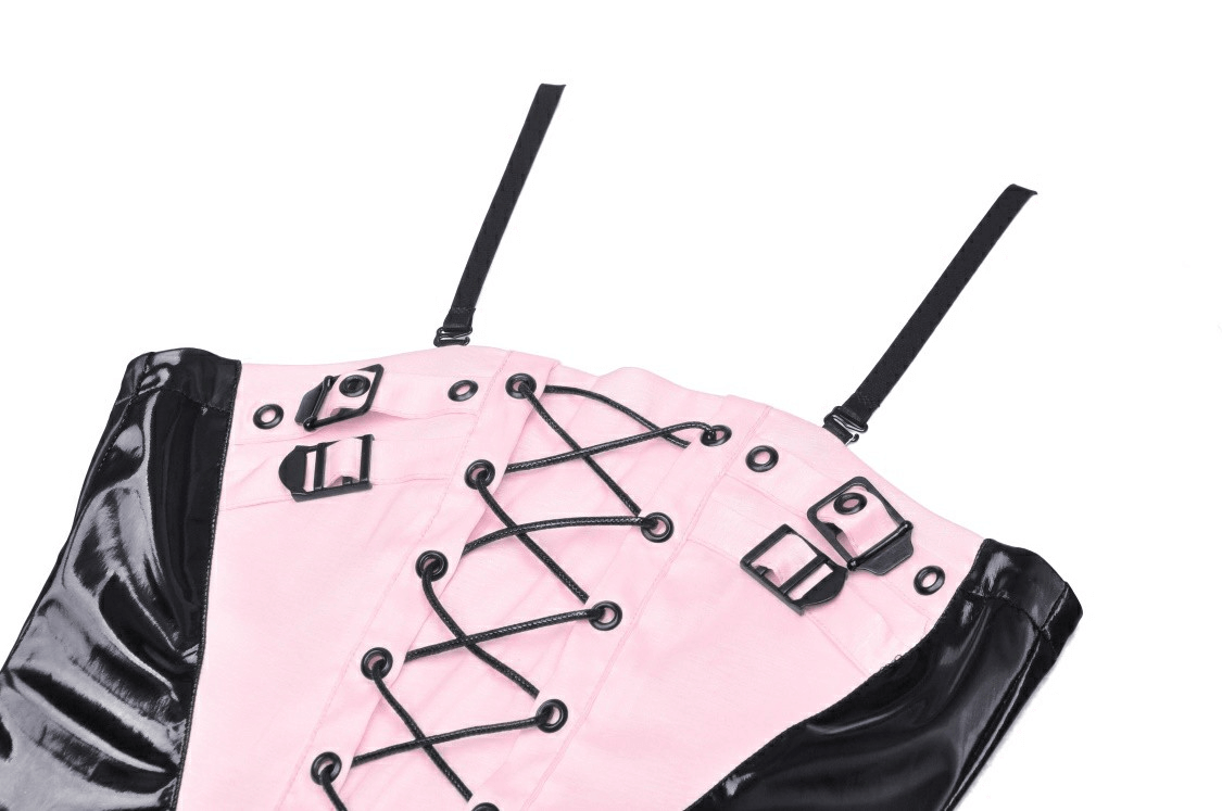 Close-up of Punk Glossy Vinyl Lace-Up Mini Dress featuring black patent leather and pink fabric with eye-catching buckles.