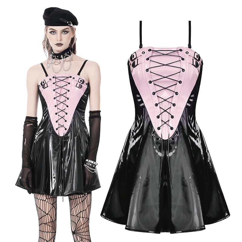 Punk Glossy Vinyl Lace-Up Mini Dress with Buckles