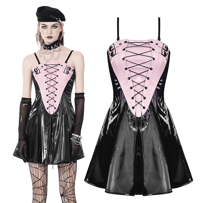 Punk Glossy Vinyl Lace-Up Mini Dress in black and pink, featuring metal buckles and lace-up detail for a bold look.