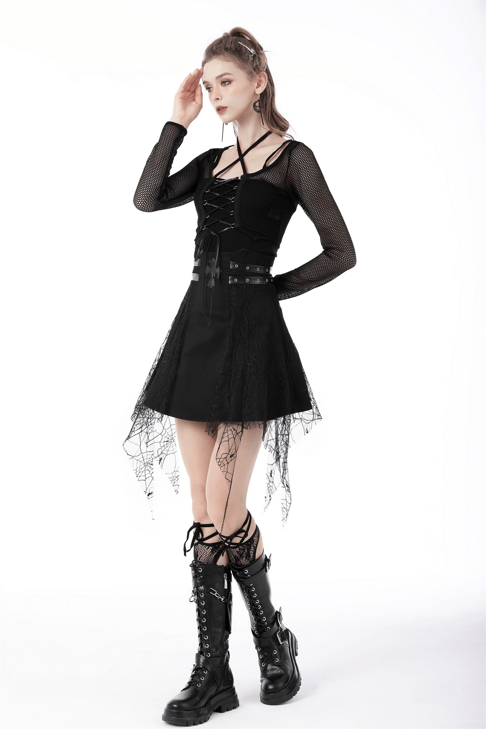 Punk Goth Lace Spiderweb Mini Skirt with Cross and Lace