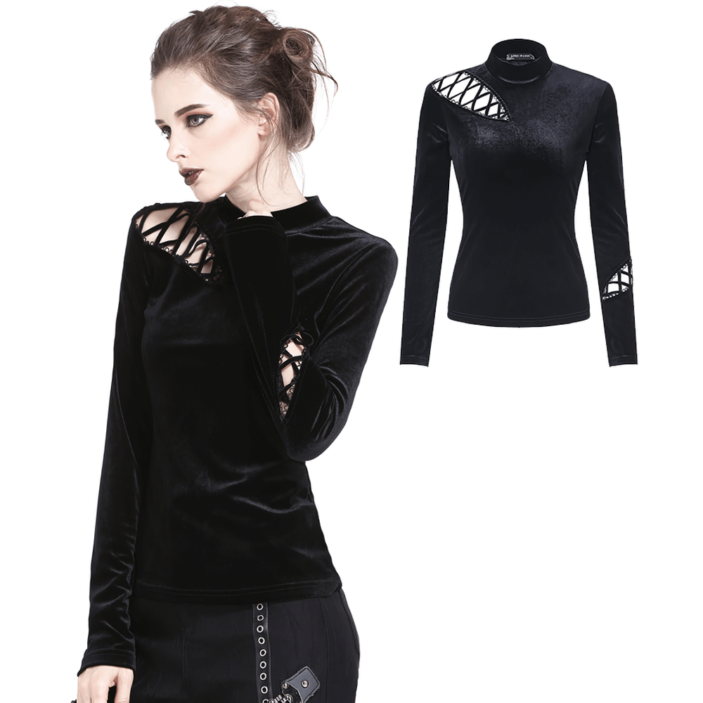 Punk goth black lace-up velvet turtleneck with chic high collar and bold cutout detailing.
