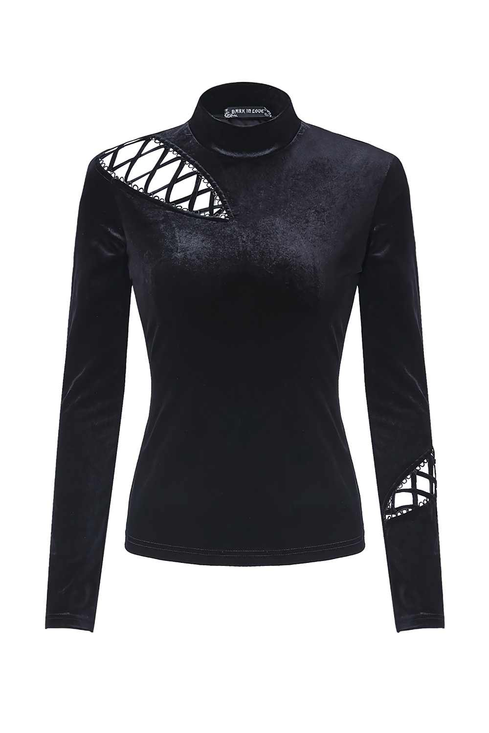 Punk goth black velvet lace-up turtleneck top with chic detailing, perfect for edgy winter looks.