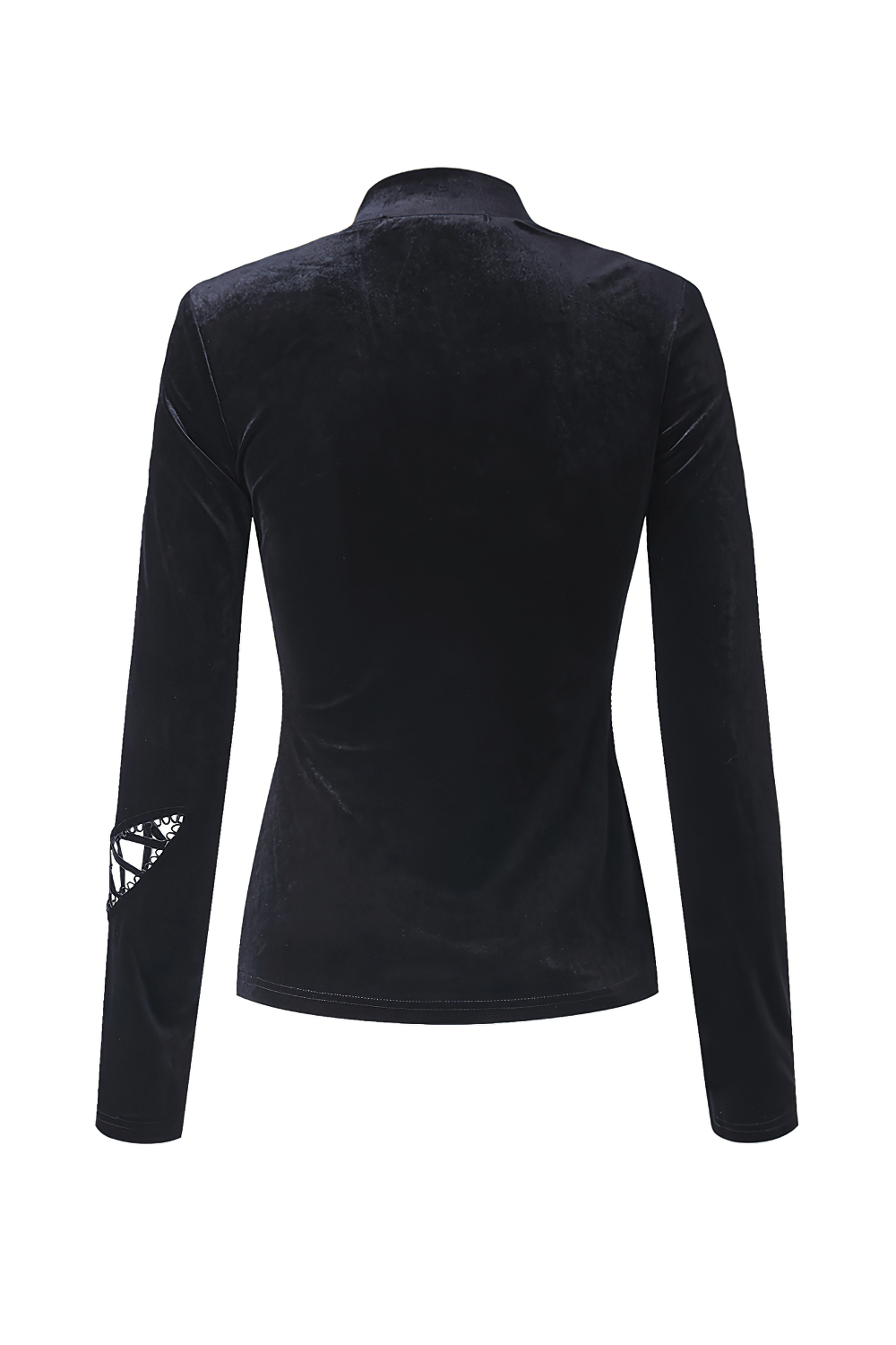 Back view of a black velvet lace-up turtleneck with long sleeves and stylish diamond patch detail.