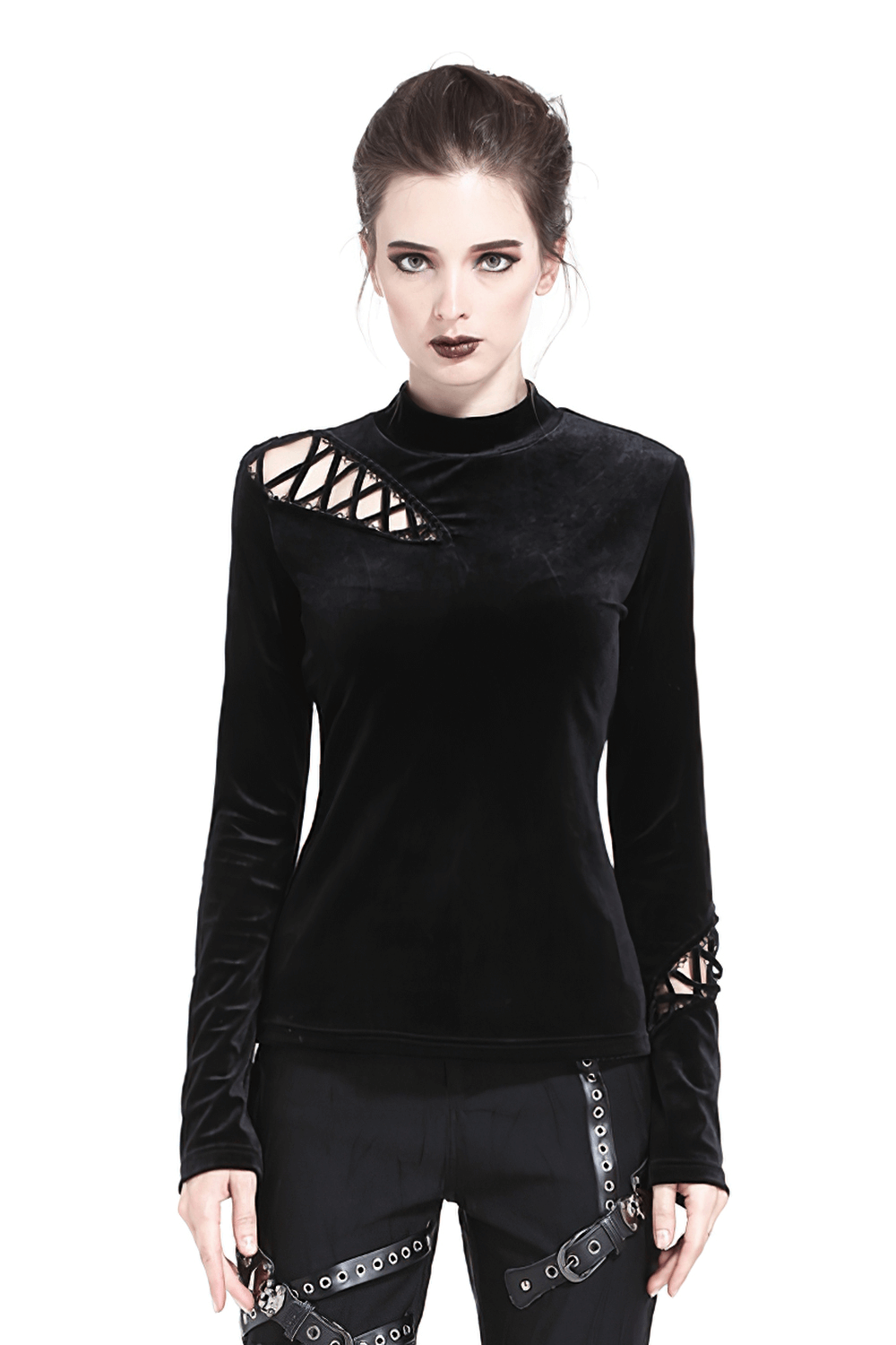 Punk goth lace-up velvet turtleneck with chic high collar and edgy detailing, perfect for a bold winter look.