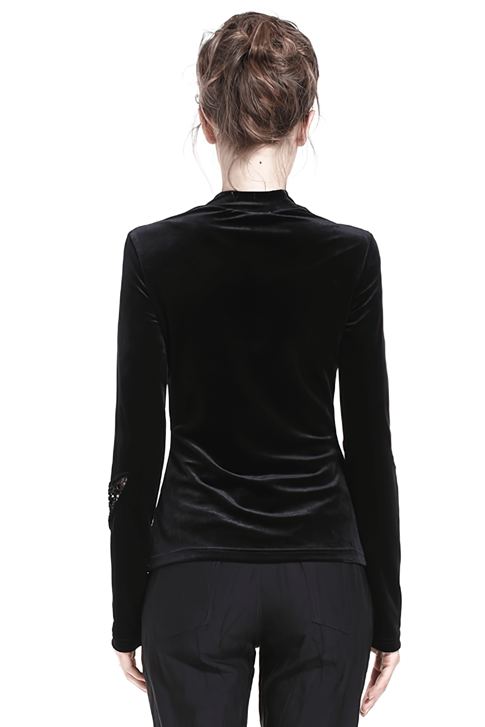 Back view of a sleek black velvet turtleneck with lace-up details, perfect for edgy goth-inspired looks.