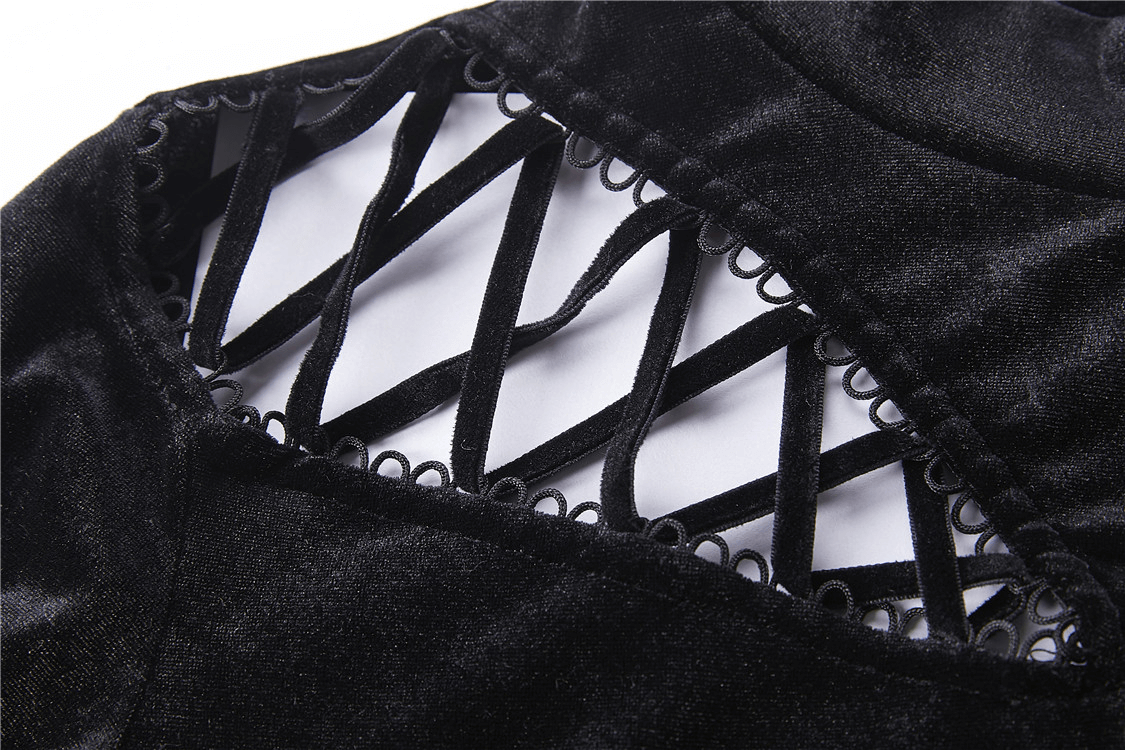 Close-up of lace-up detailing on a black velvet turtleneck, showcasing gothic fashion style.