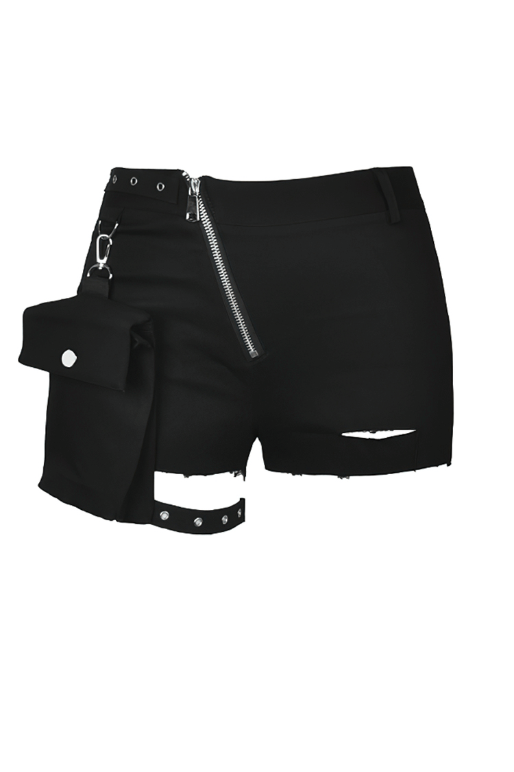 Punk Goth Zipper Pocket Asymmetric Hem Shorts for Women