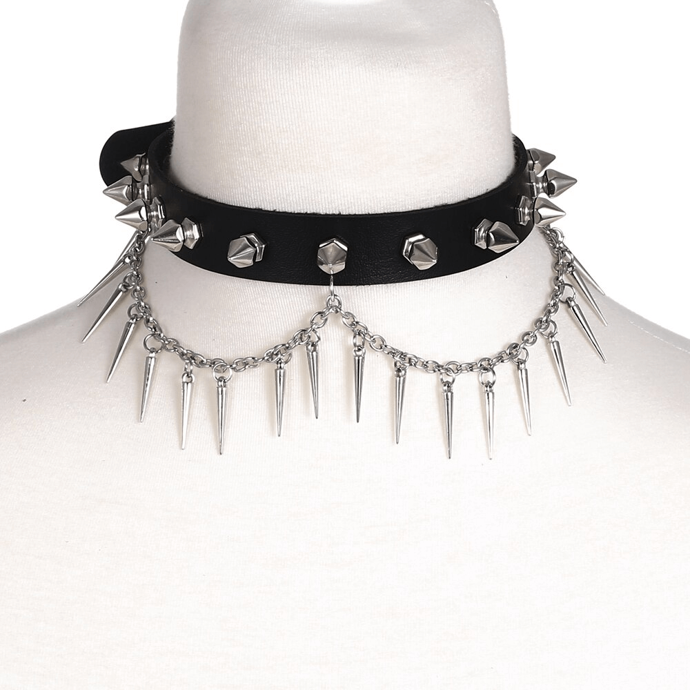 Black leather punk gothic spiked choker with dramatic chain, adjustable collar for a bold fashion statement.