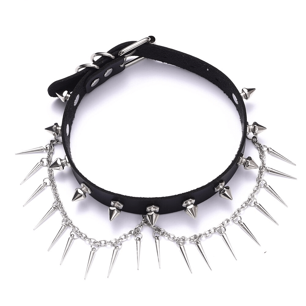 Punk gothic black leather choker with adjustable spiked collar and dramatic chain accents for bold style.