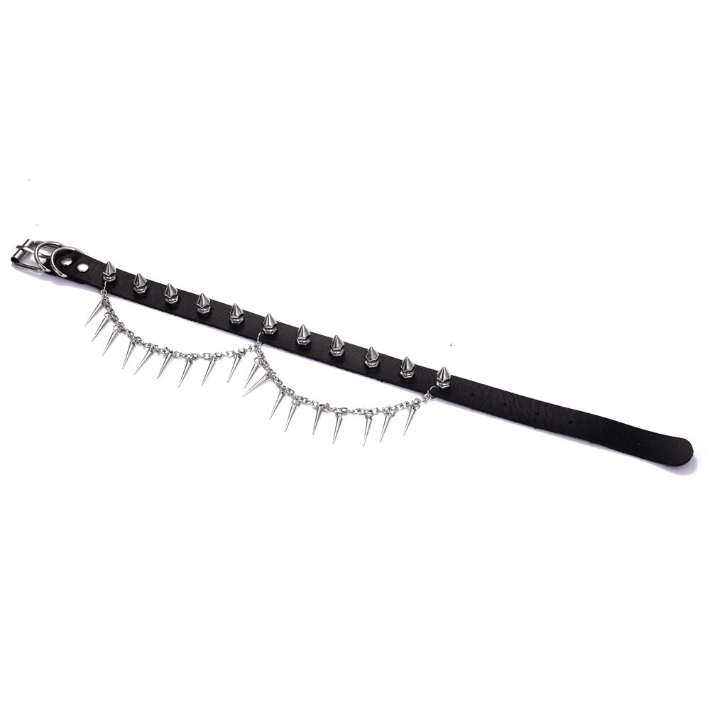 Black leather spiked choker with chain, adjustable gothic punk style for bold fashion statements.