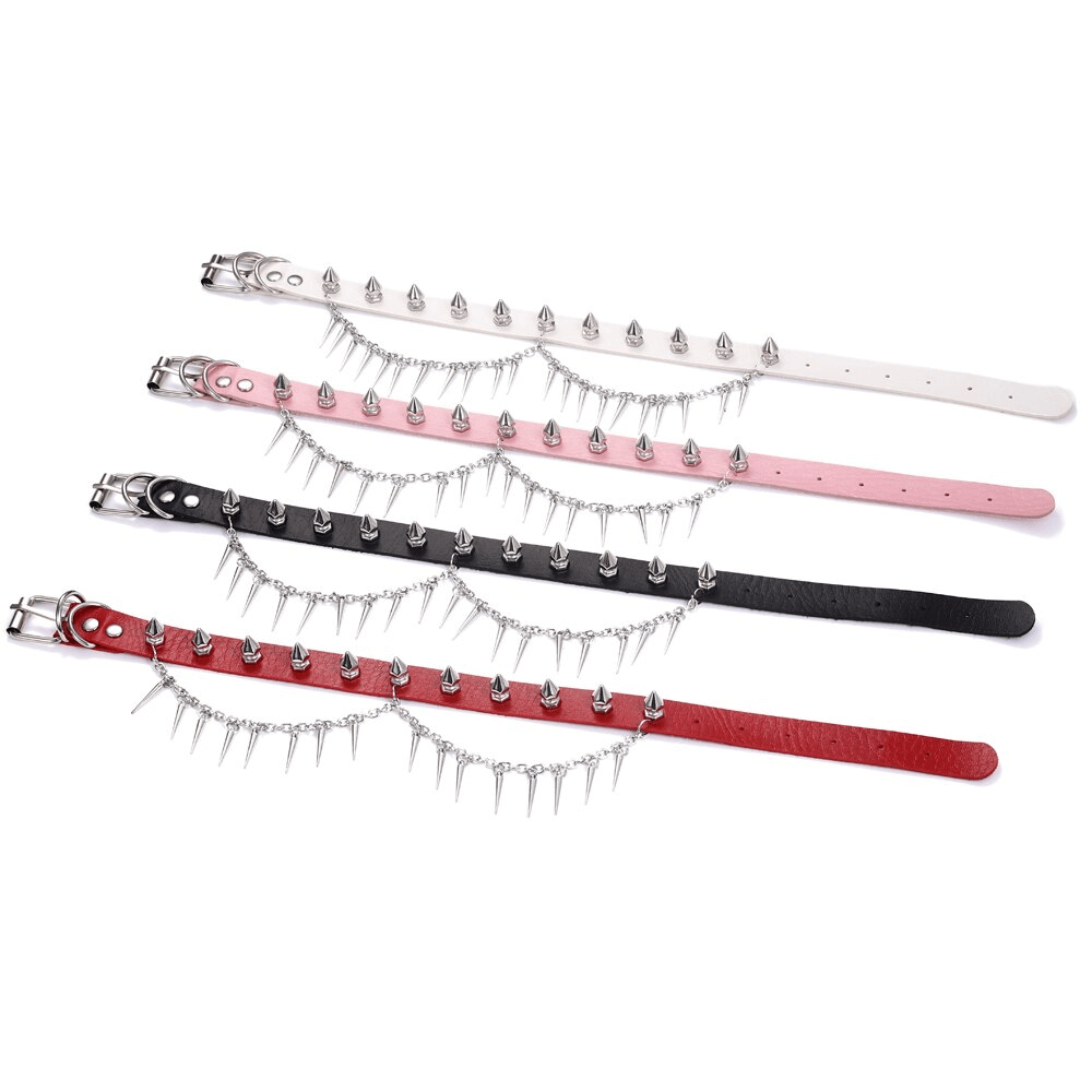 Adjustable punk gothic choker collars in various colors with spikes and chains, perfect for rebellious fashion lovers.