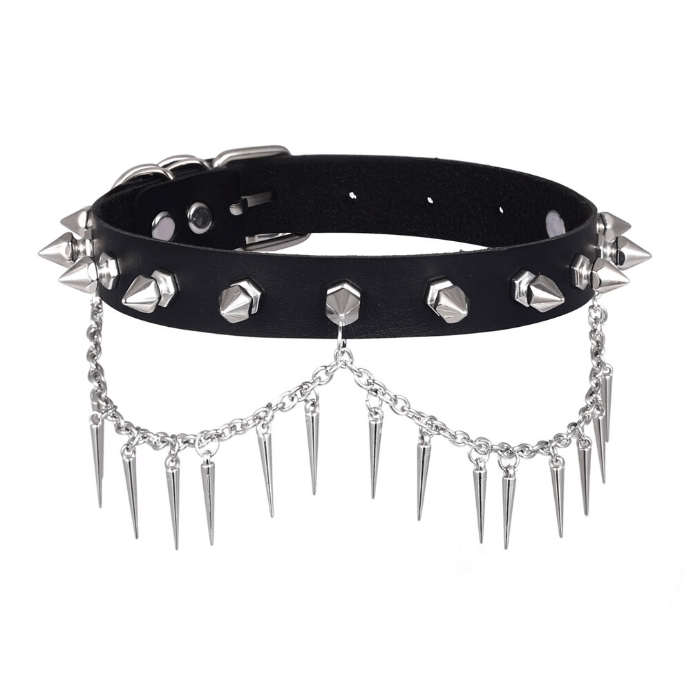 Punk Gothic spiked choker collar in black leather with dramatic chain accents and bold silver spikes.