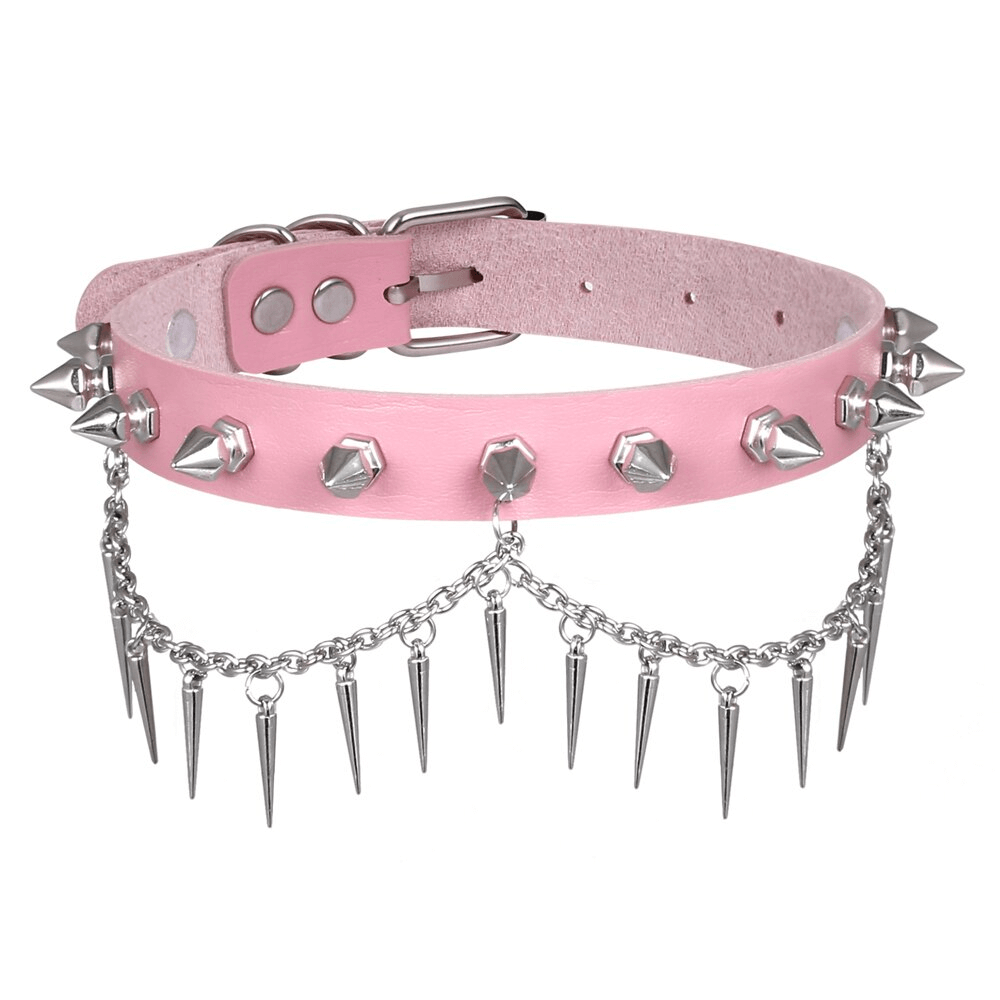 Punk gothic pink spiked choker with silver chain for a daring style statement.