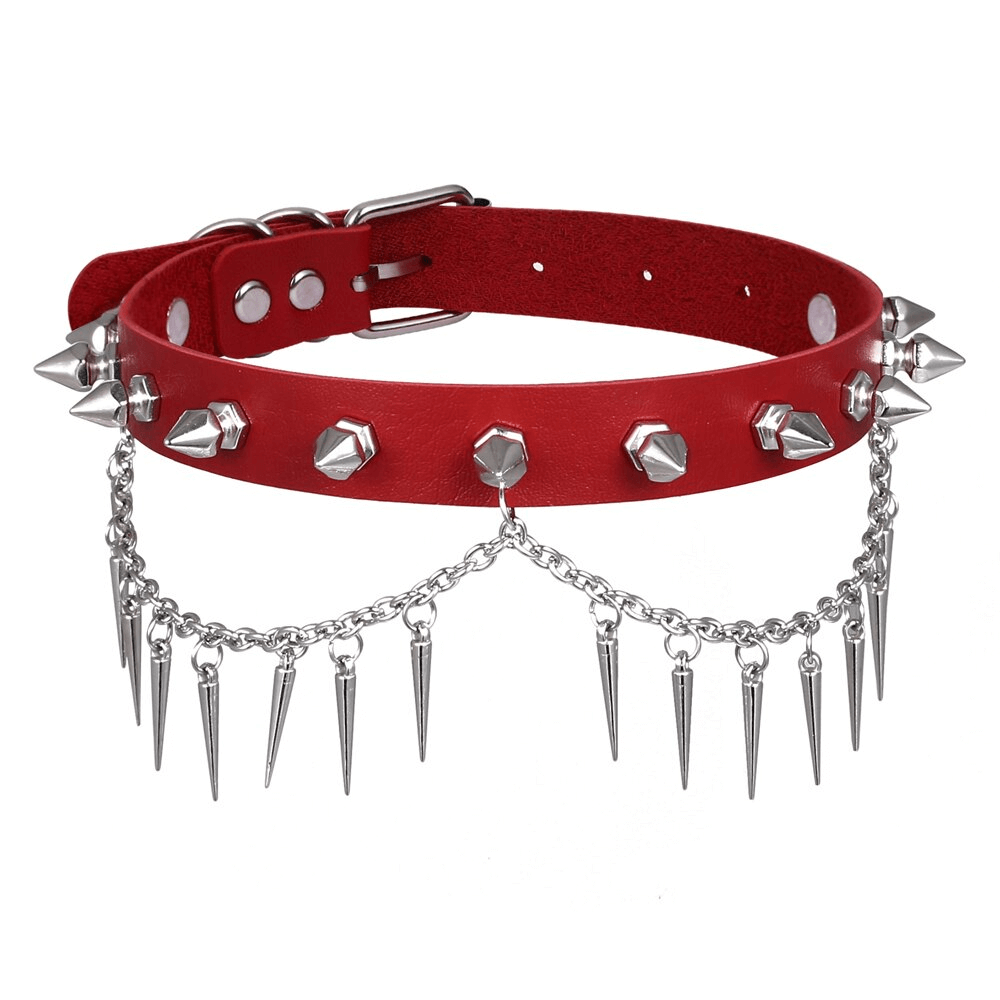 Punk gothic spiked choker in red leather with silver chain accents for a bold rebel look.