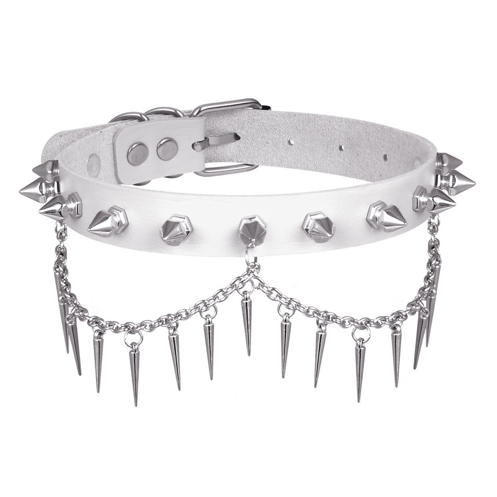 Punk Gothic Adjustable Spiked Choker / Black Leather Collar With Chain - HARD'N'HEAVY