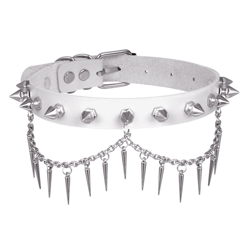 Punk gothic white spiked choker with silver chain accents, adjustable leather collar for a daring look.