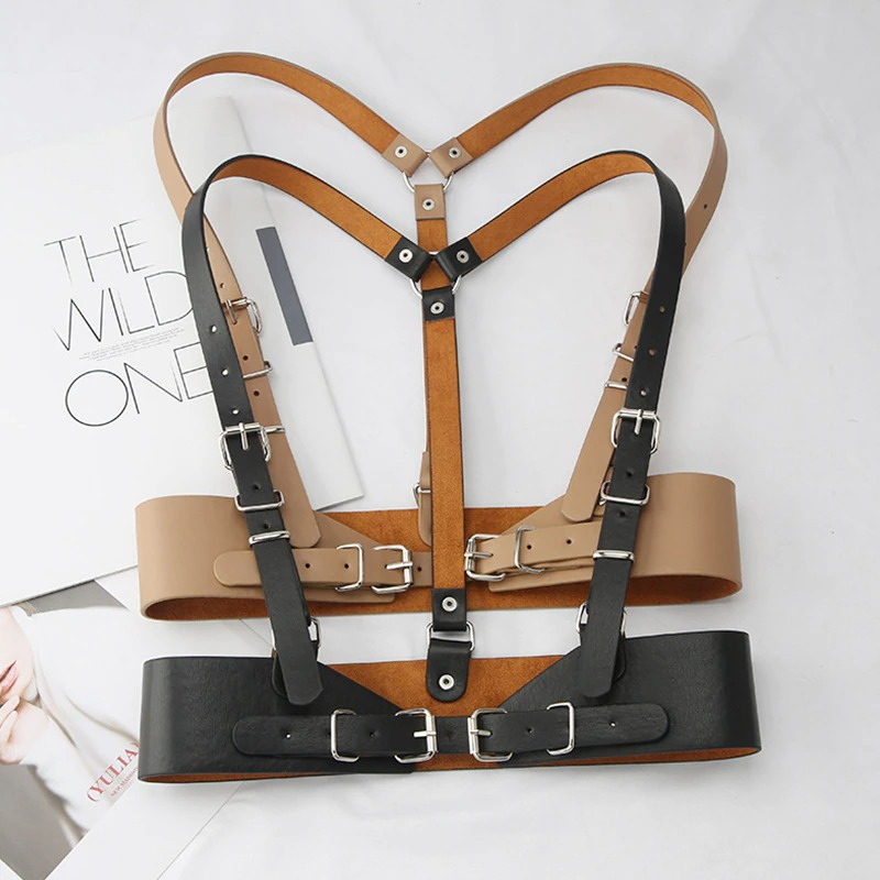 Punk gothic adjustable strap belt in black and brown, stylish women's harness belts on a neutral background.