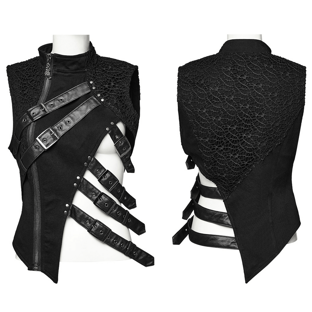 Asymmetrisches Punk-Gothic-Oberteil mit Schnallen und Mesh-Detail