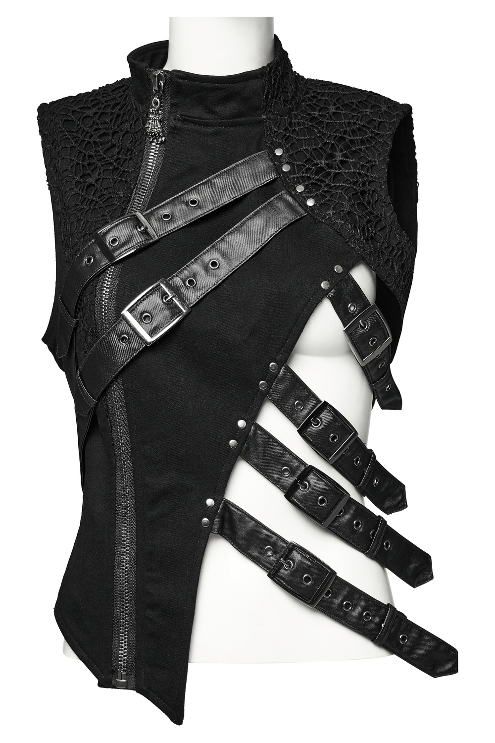 Asymmetrisches Punk-Gothic-Oberteil mit Schnallen und Mesh-Detail