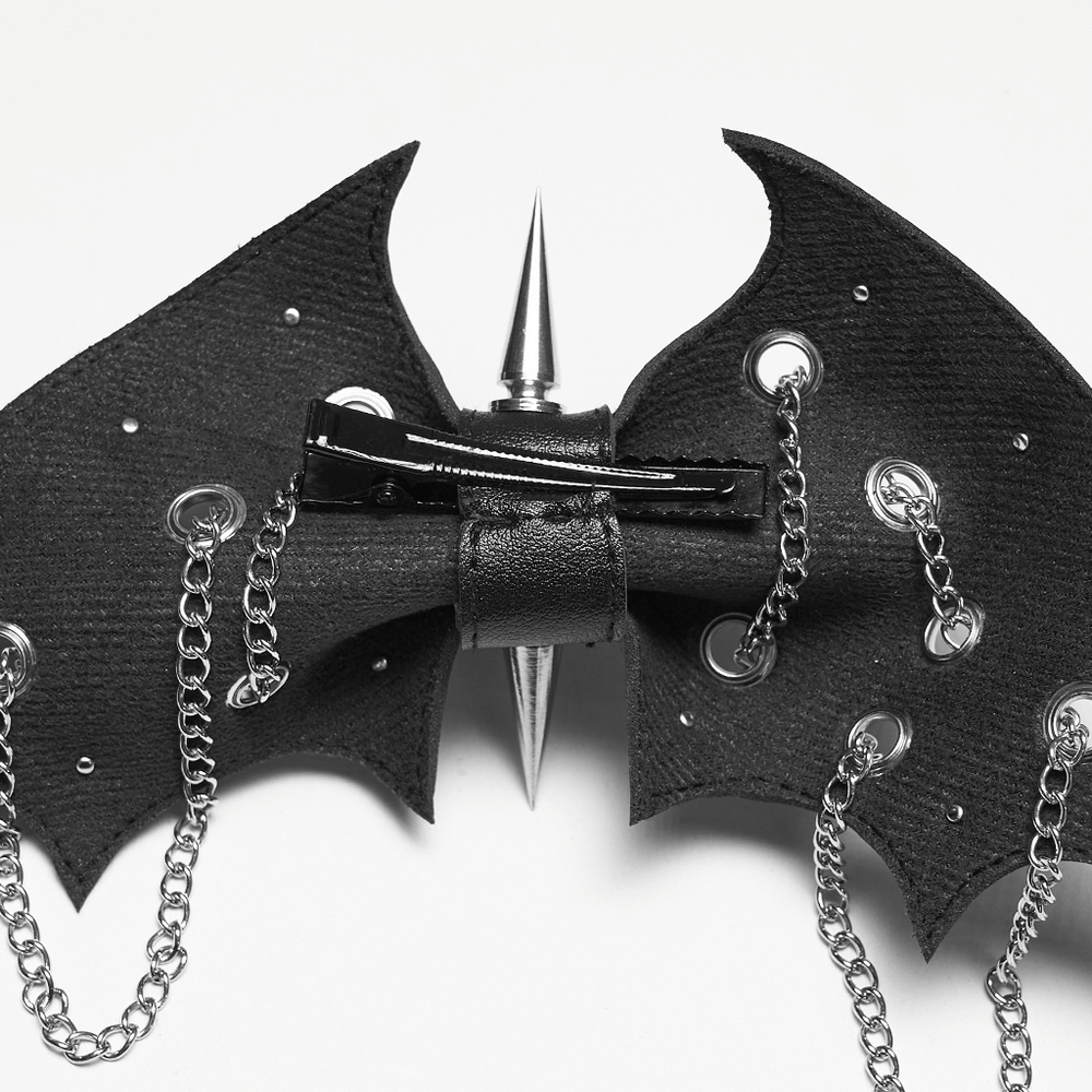 Punk Gothic Bat Wing Hair Clip with Spikes and Chains featuring metallic spikes and chains for a dramatic look.