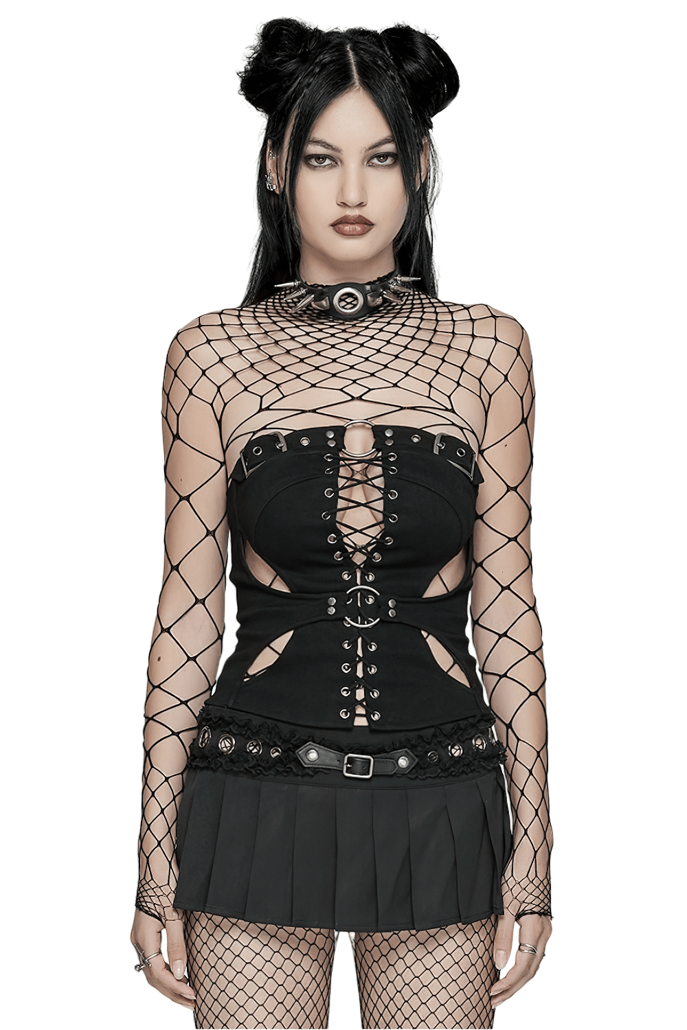 Punk Gothic black lace-up top with hollow design, featuring metal detailing and edgy mesh overlay.