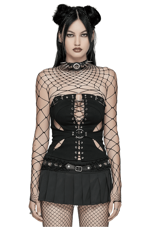 Schwarzes Punk-Gotik-Top mit Schnürung und Hohlmuster
