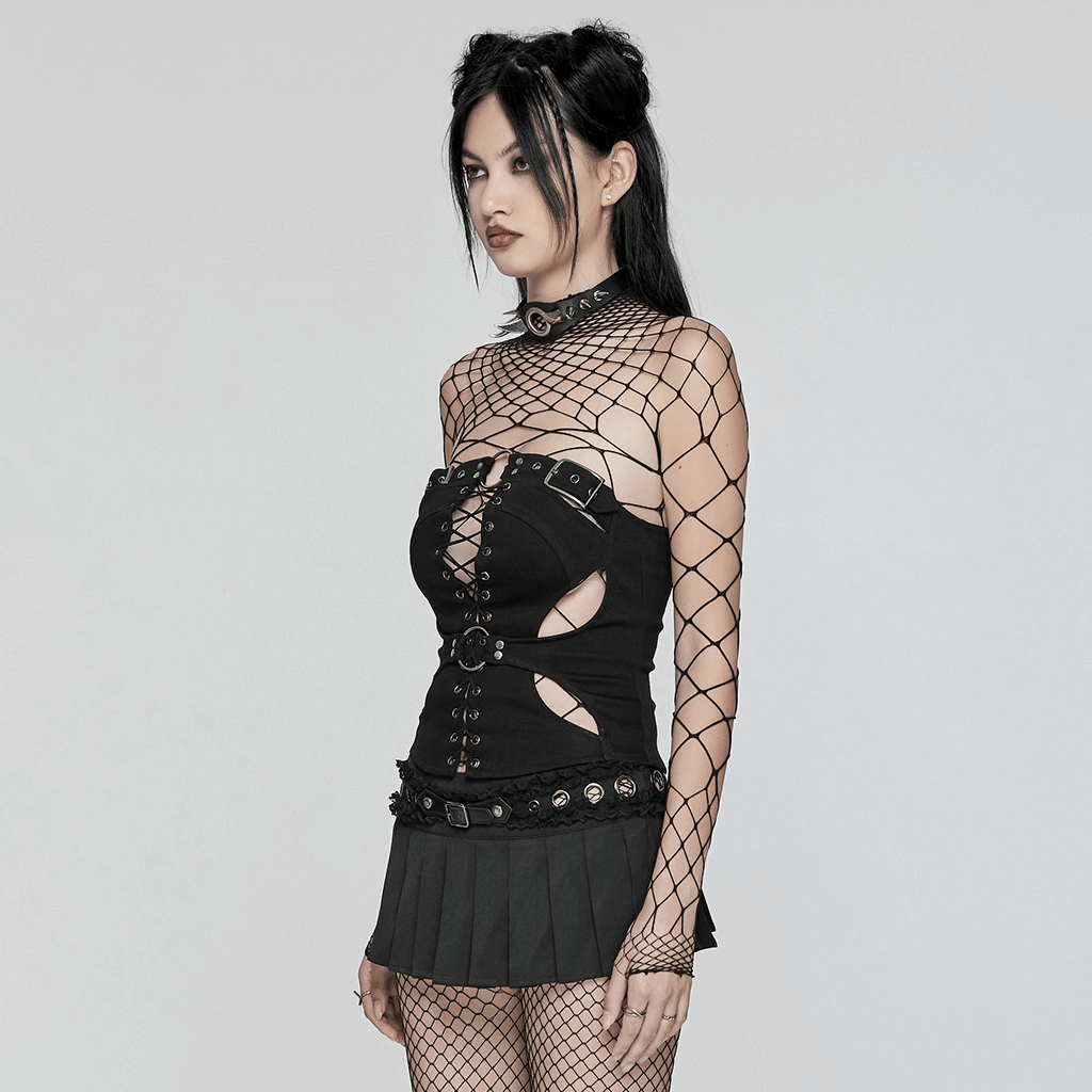 Punk gothic black lace-up top with hollow design, showcasing a rebellious look with metal detailing and fishnet sleeves.