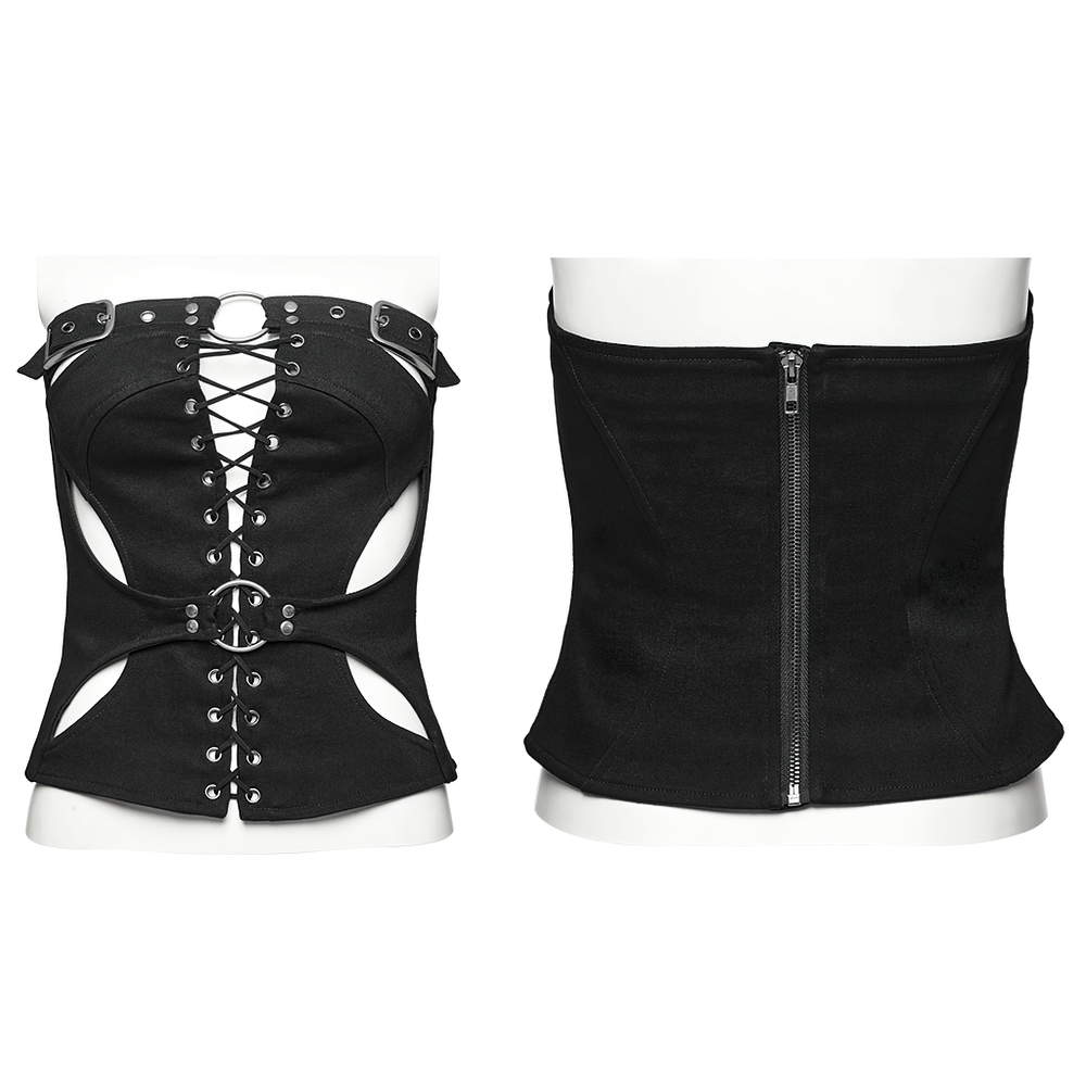 Punk gothic black lace-up top with hollow design and metal accents, perfect for alternative fashion enthusiasts.