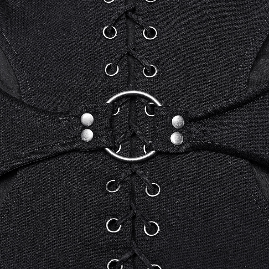Close-up of Punk Gothic Black Lace-Up Top with metal detailing and hollow design, showcasing rebellious style.