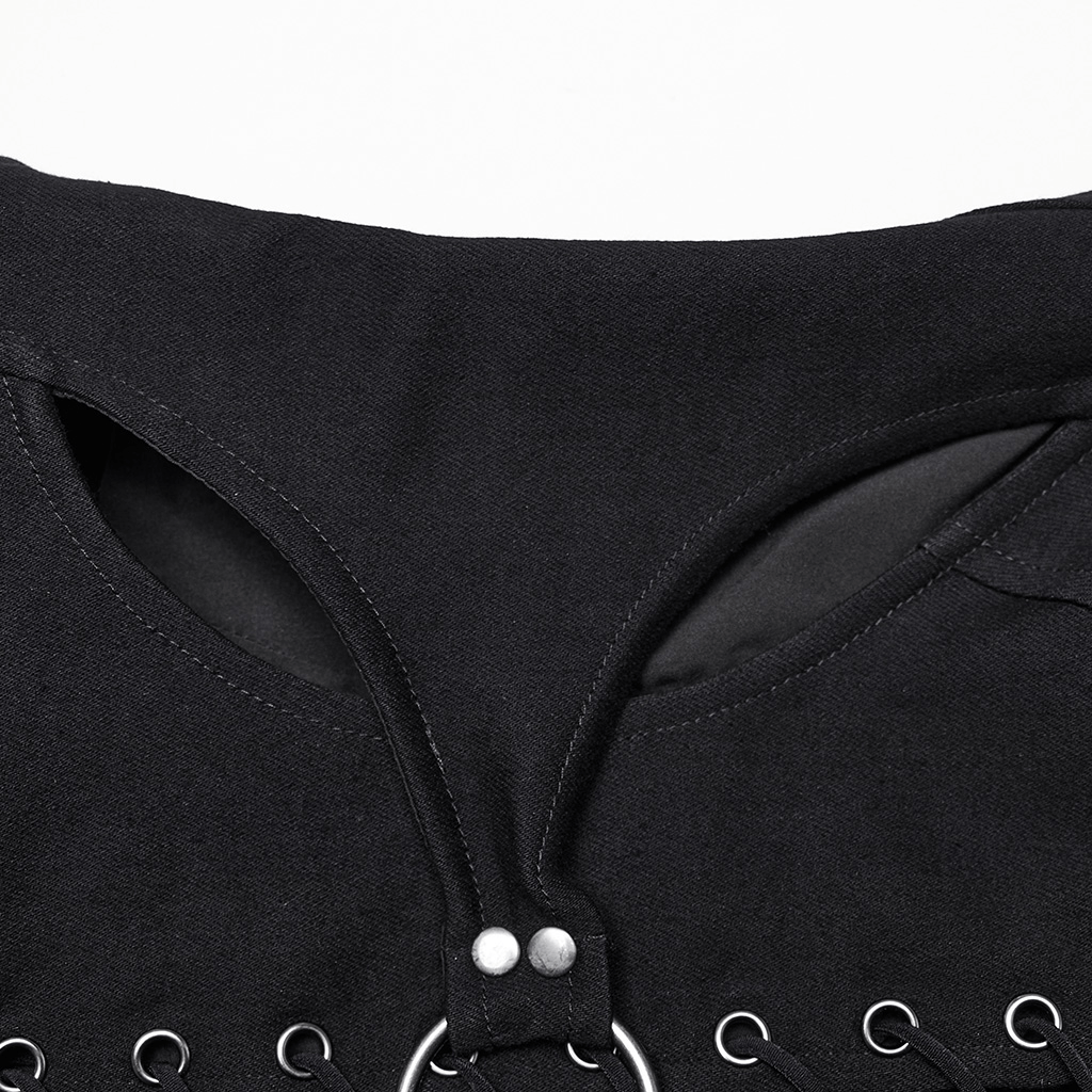Close-up of punk gothic black lace-up top, featuring a bold hollow design and metal ring accents.