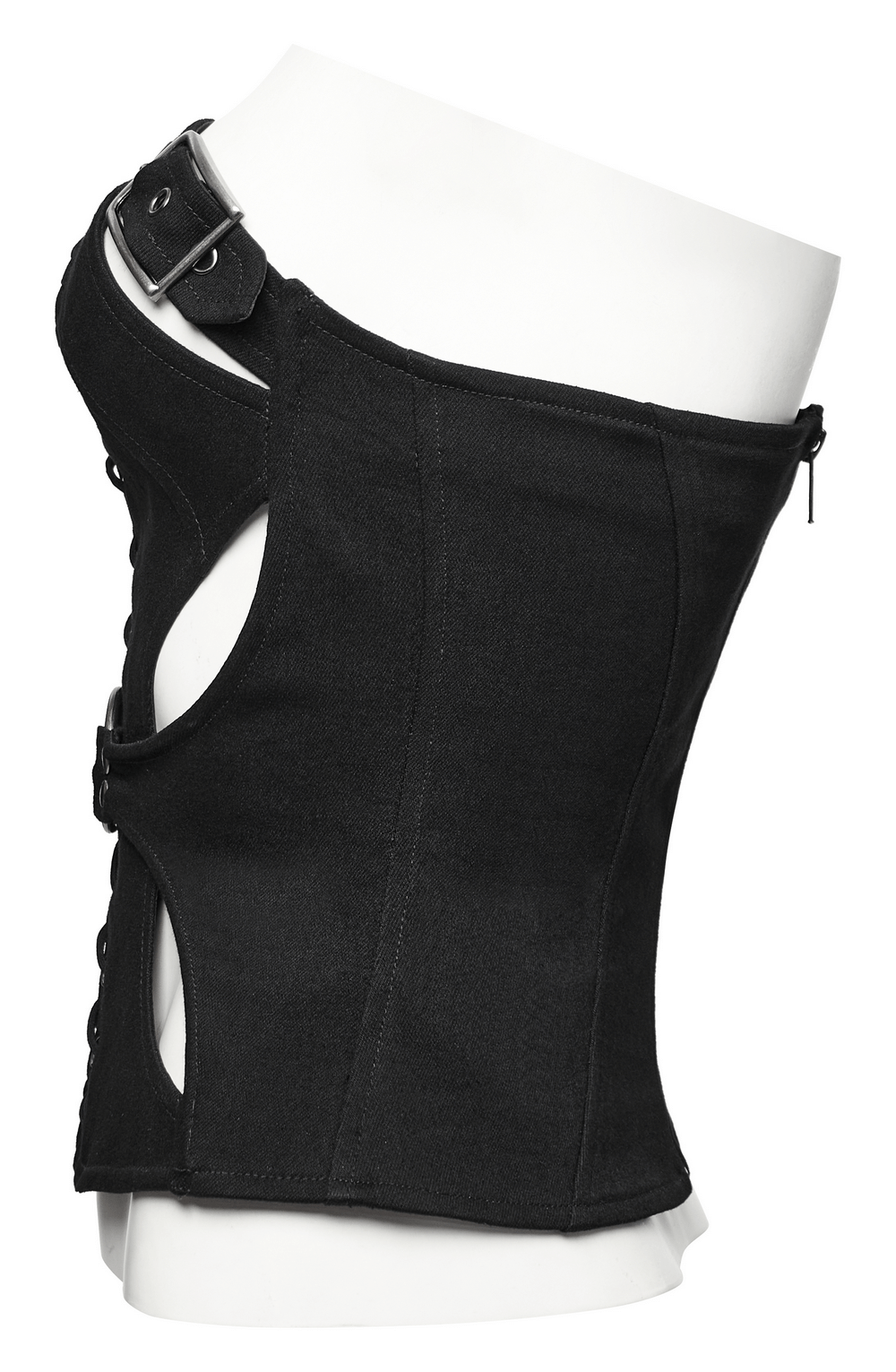 Punk Gothic black lace-up corset top with hollow design and metal detailing, perfect for alternative fashion.