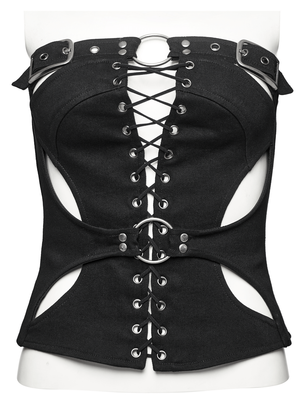 Punk Gothic black lace-up top with hollow design and metal accents, perfect for alternative fashion.