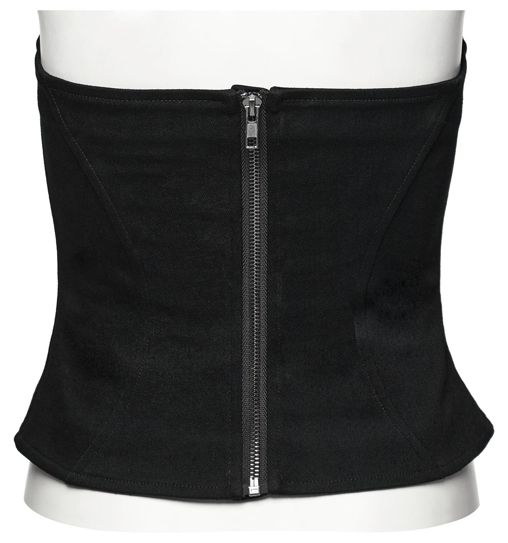 Black Gothic lace-up corset top with a back zipper and sleek hollow design for edgy punk fashion.