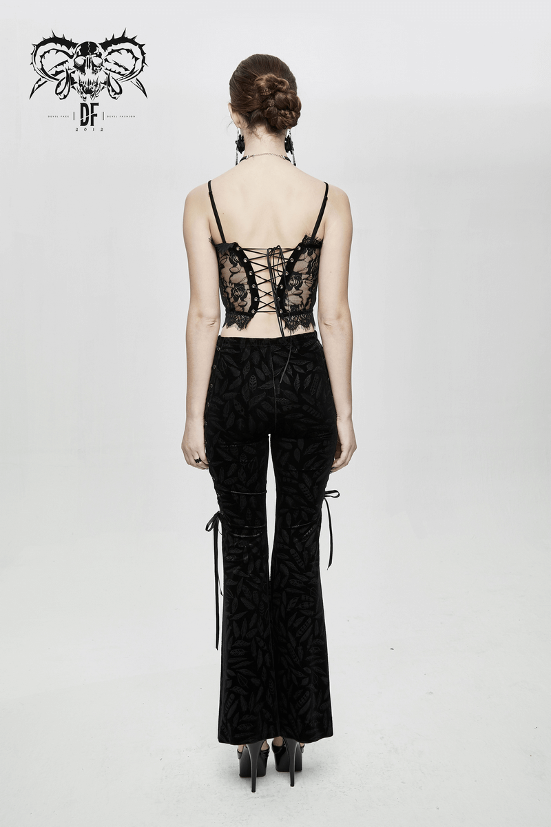 Stylish black lace corset top with thin straps and fitted pants, showcasing a chic gothic women's outfit from the back.