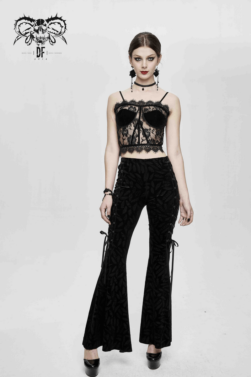 Elegant black lace crop top paired with flared pants, showcasing a punk-gothic style for a mesmerizing look.