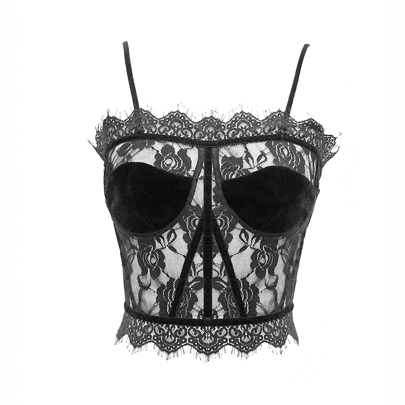 Punk-gothic black lace crop top with elegant detailing, perfect for creating stylish gothic outfits.