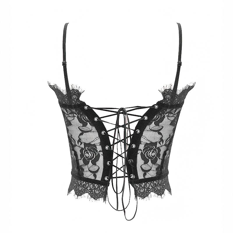 Punk-Gothic black lace corset crop top with spaghetti straps and elegant floral design, perfect for edgy outfits.