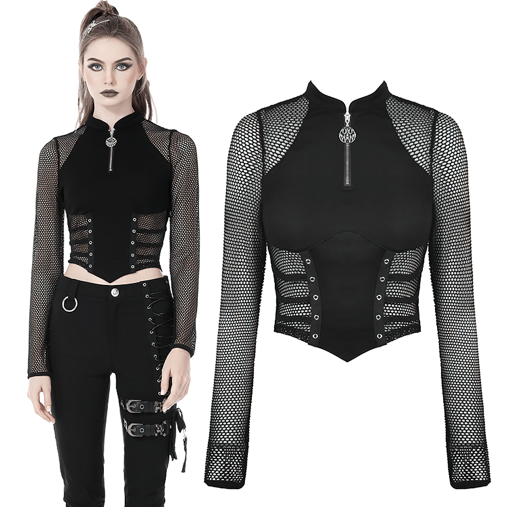 Punk Gothic Zip-Up Mesh Crop Top with Long Sleeves