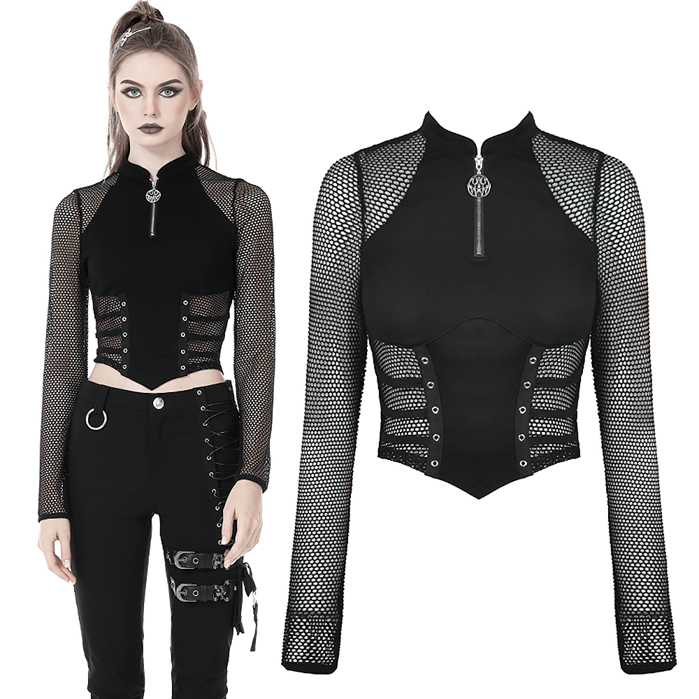 Punk gothic black zip-up mesh crop top with long sleeves, perfect for edgy fashion lovers.