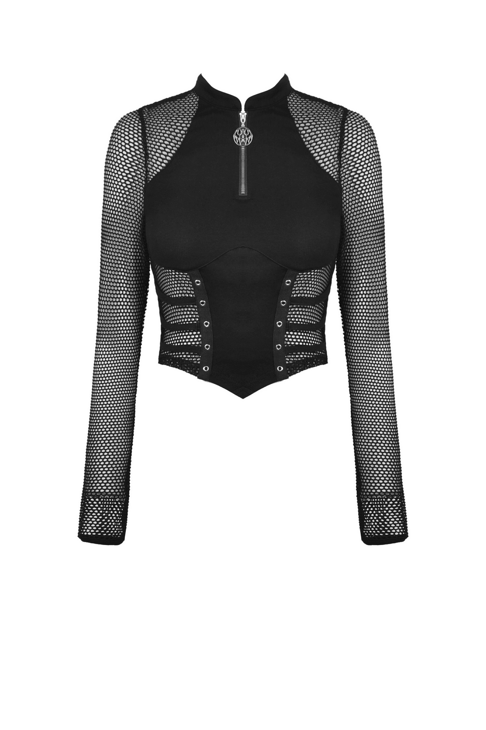 Punk Gothic zip-up mesh crop top with long sleeves, edgy black design perfect for a bold fashion statement.