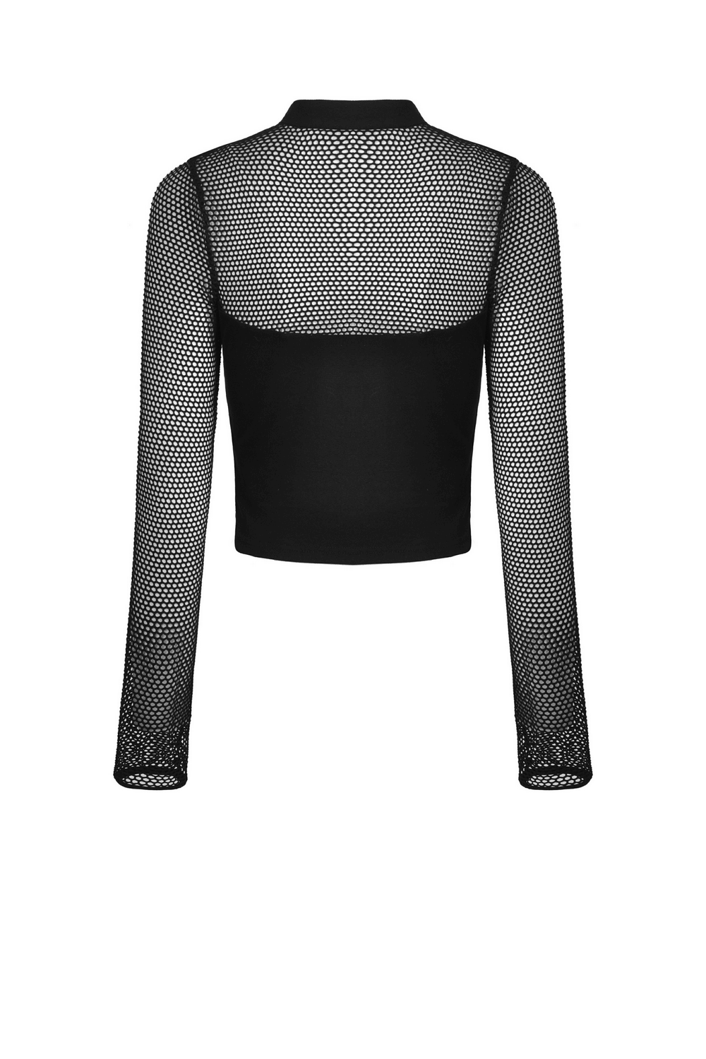 Back view of punk gothic zip-up mesh crop top featuring long sleeves and sheer mesh detailing.