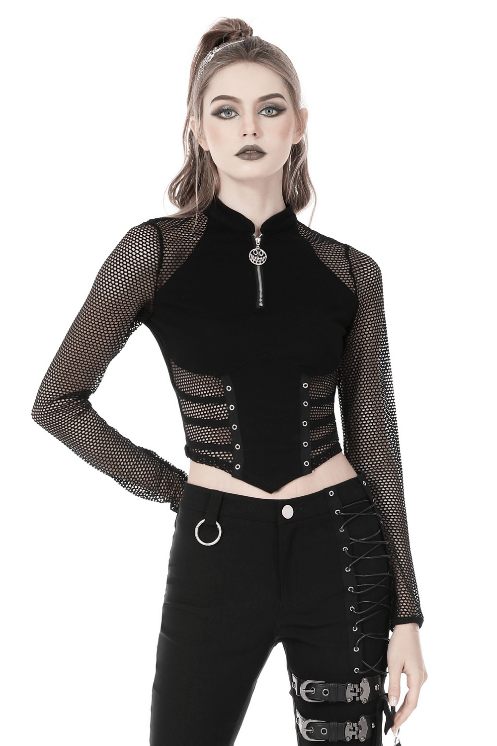 Punk gothic zip-up mesh crop top with long sleeves, perfect for edgy outfits and concerts.