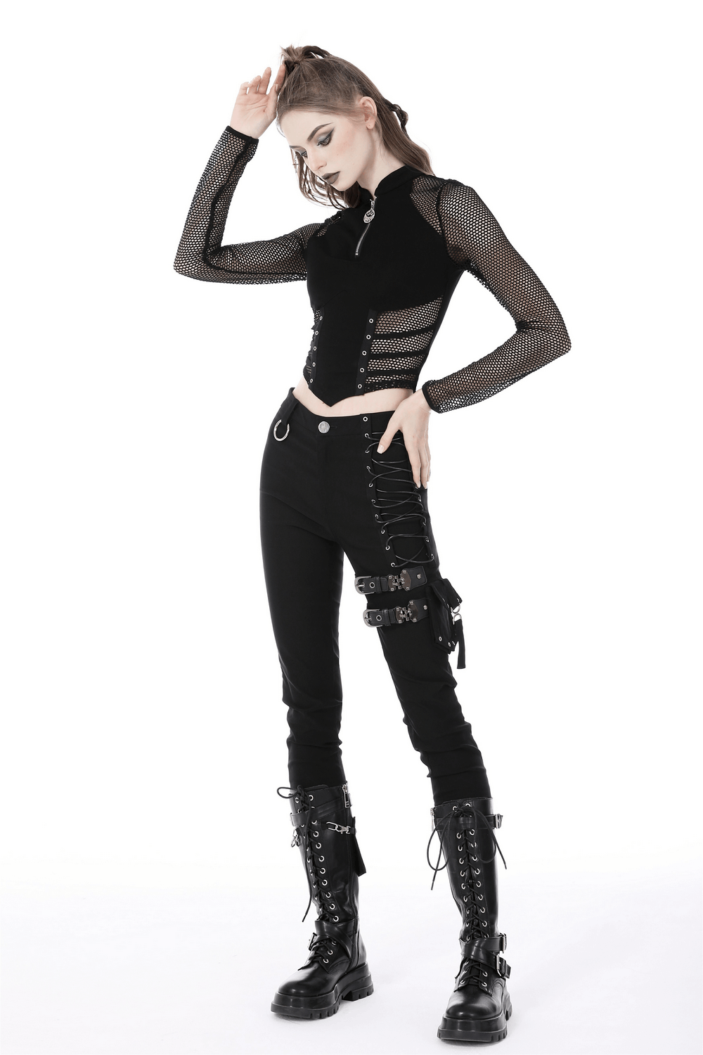 Punk Gothic zip-up mesh crop top with long sleeves, paired with edgy black pants and combat boots for a bold look.