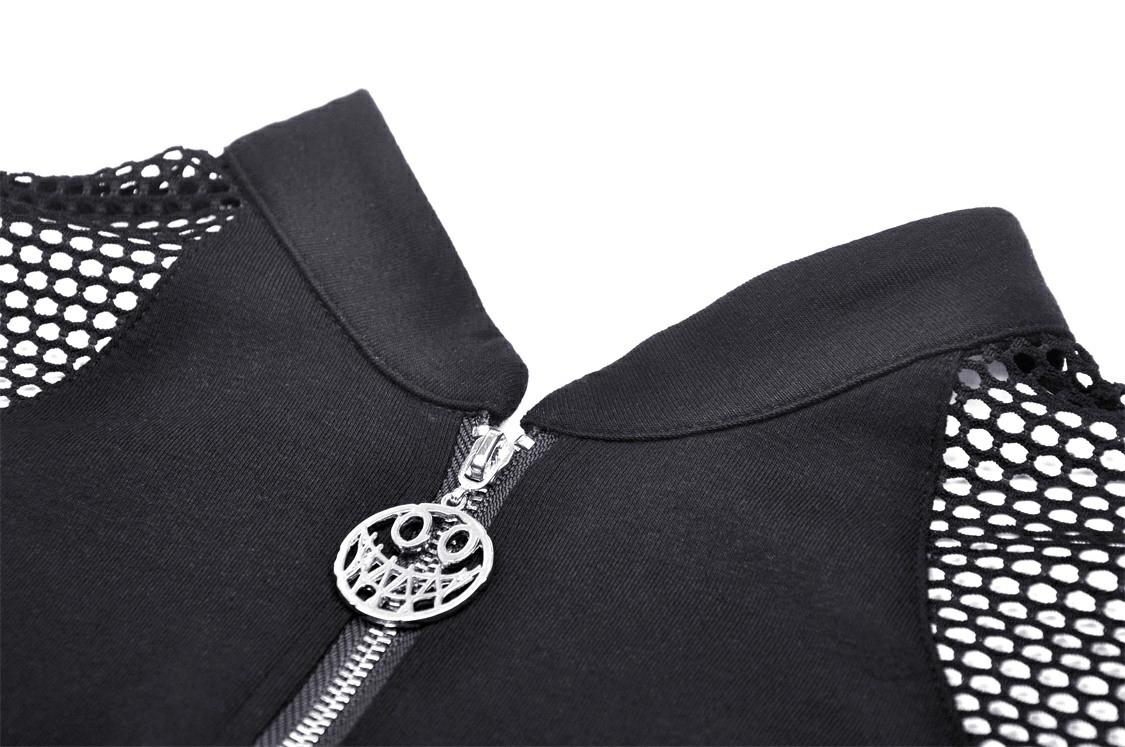 Close-up of punk gothic zip-up mesh crop top showcasing zipper and unique mesh detailing.