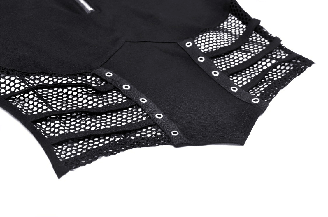 Close-up of black gothic crop top showcasing mesh sleeves and zipper detail, perfect for punk fashion enthusiasts.