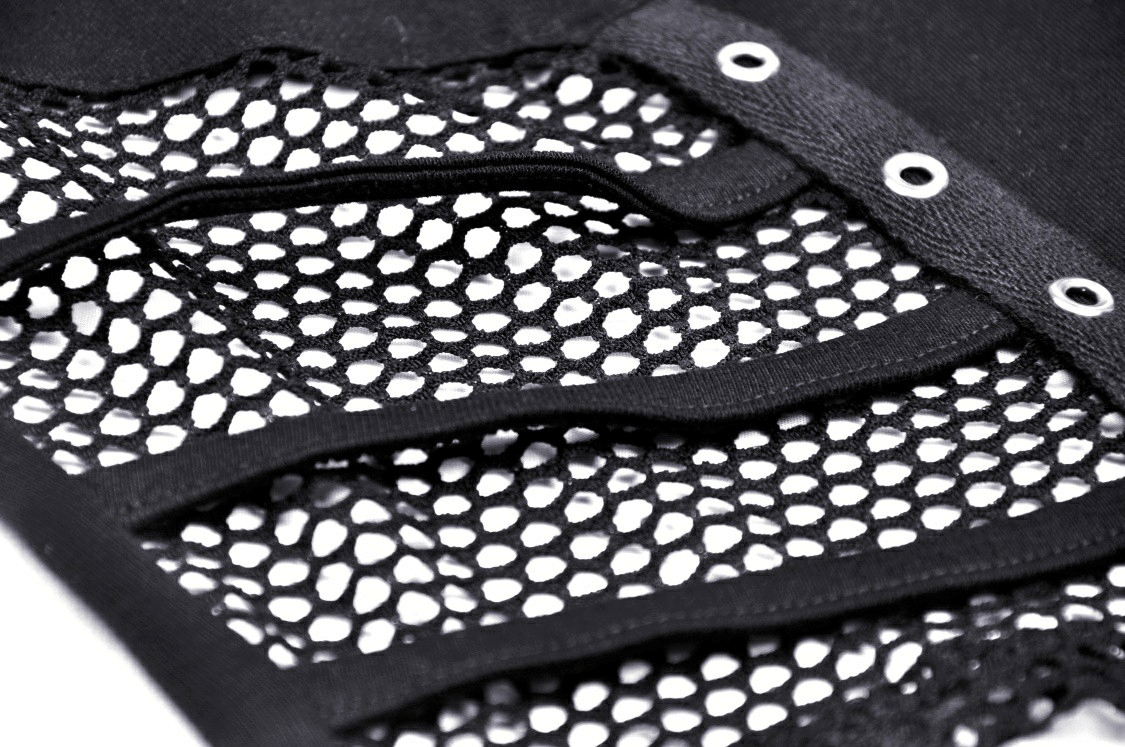 Close-up of black mesh fabric with zipper detailing, perfect for a punk gothic style.