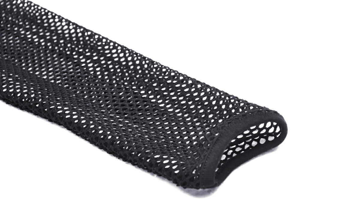Close-up of sheer black mesh sleeve, perfect for a punk gothic zip-up crop top, showcasing edgy fashion style.