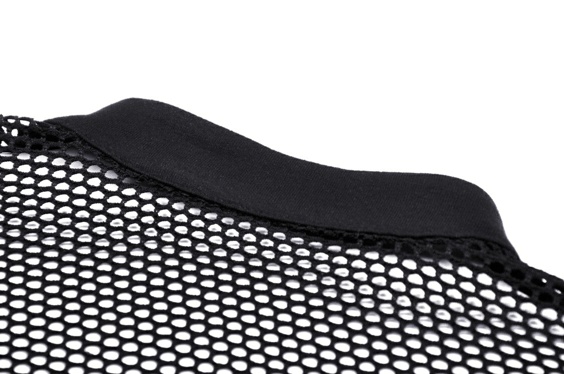 Close-up of black mesh fabric with a solid black collar, perfect for a punk gothic zip-up crop top.