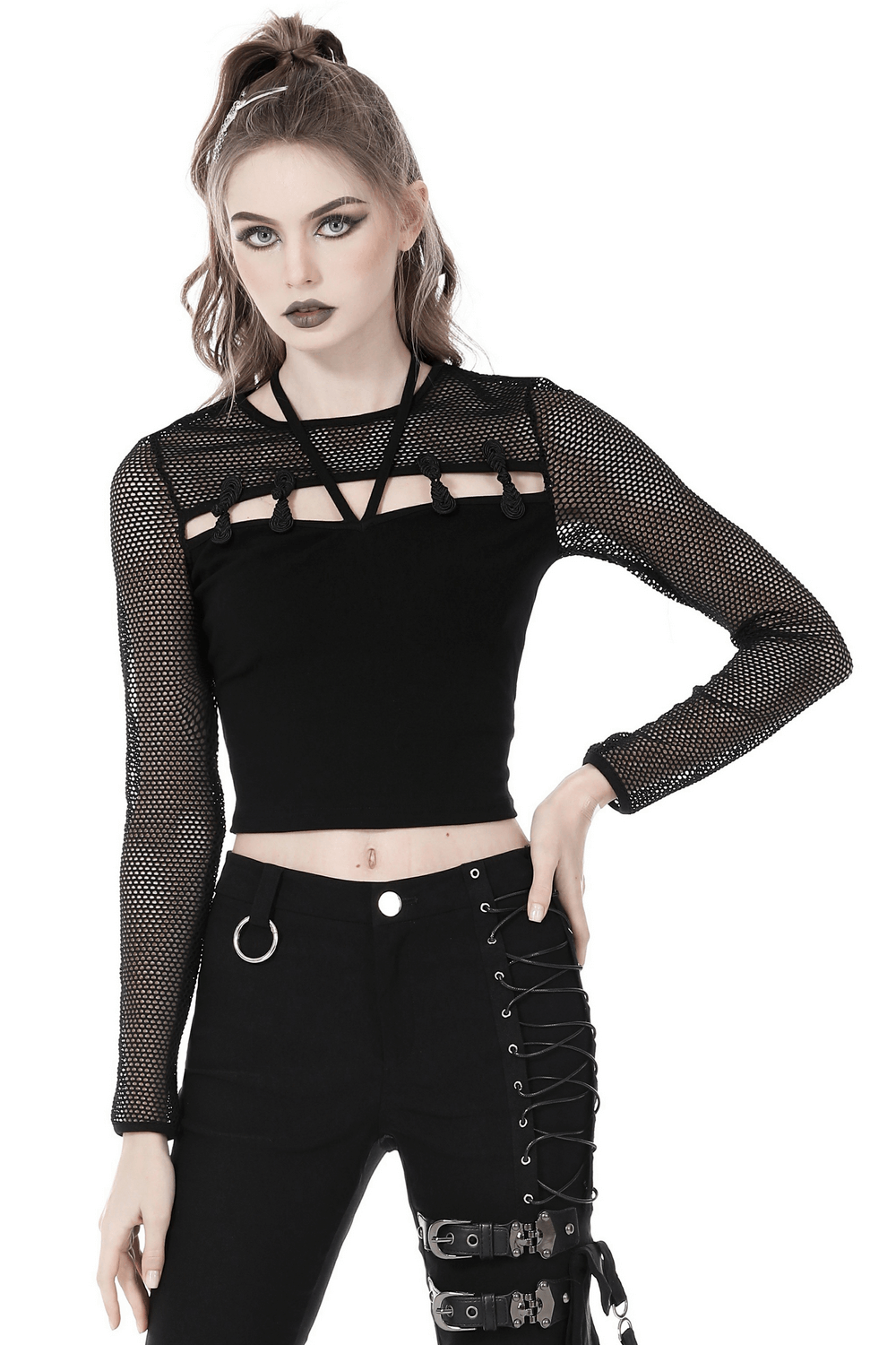 Punk Halter Mesh Top with Cutout Chest and Long Sleeves
