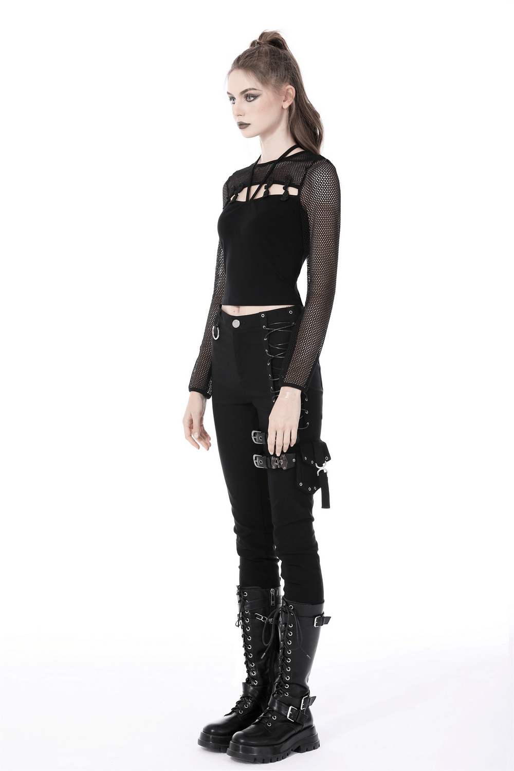 Punk Halter Mesh Top with Cutout Chest and Long Sleeves